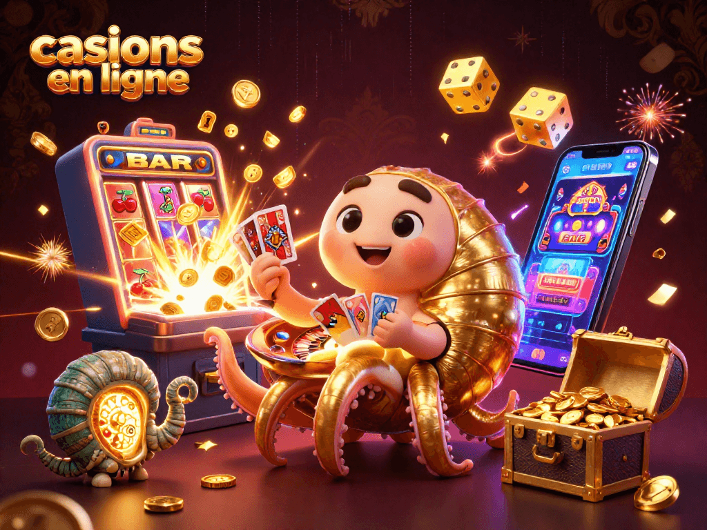 Découvrez les casinos en ligne à travers une illustration dynamique avec un nautilus, des machines à sous et des cartes.