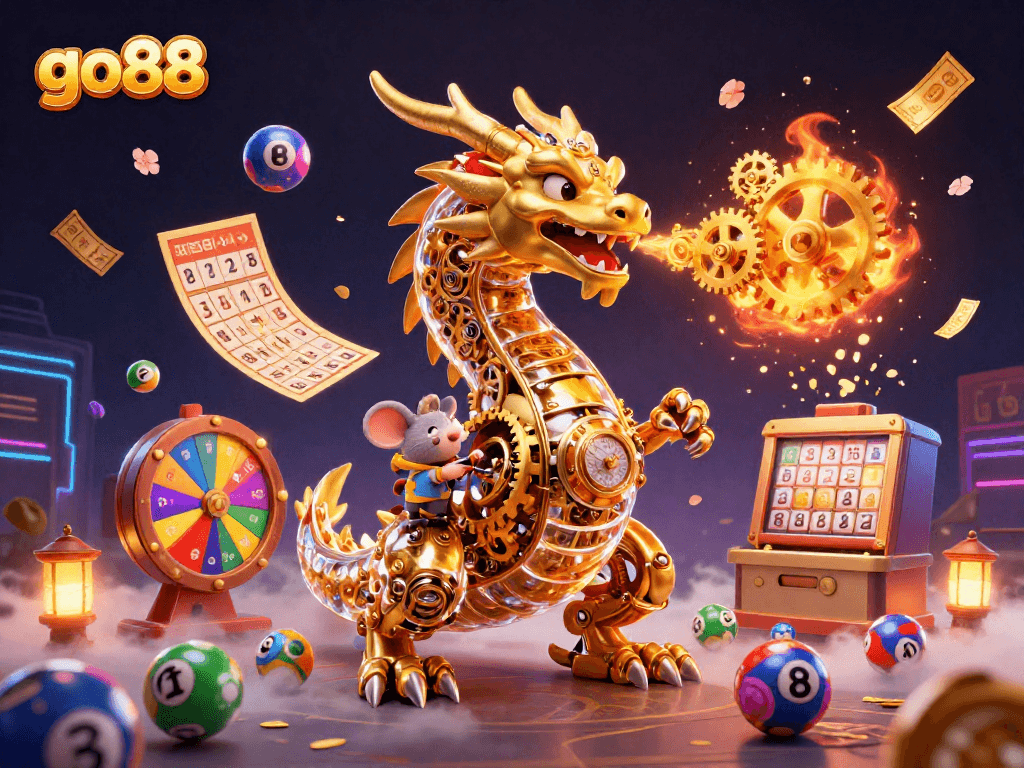 go88 features a vibrant scene with a golden dragon, colorful lottery elements, and exciting game symbols.