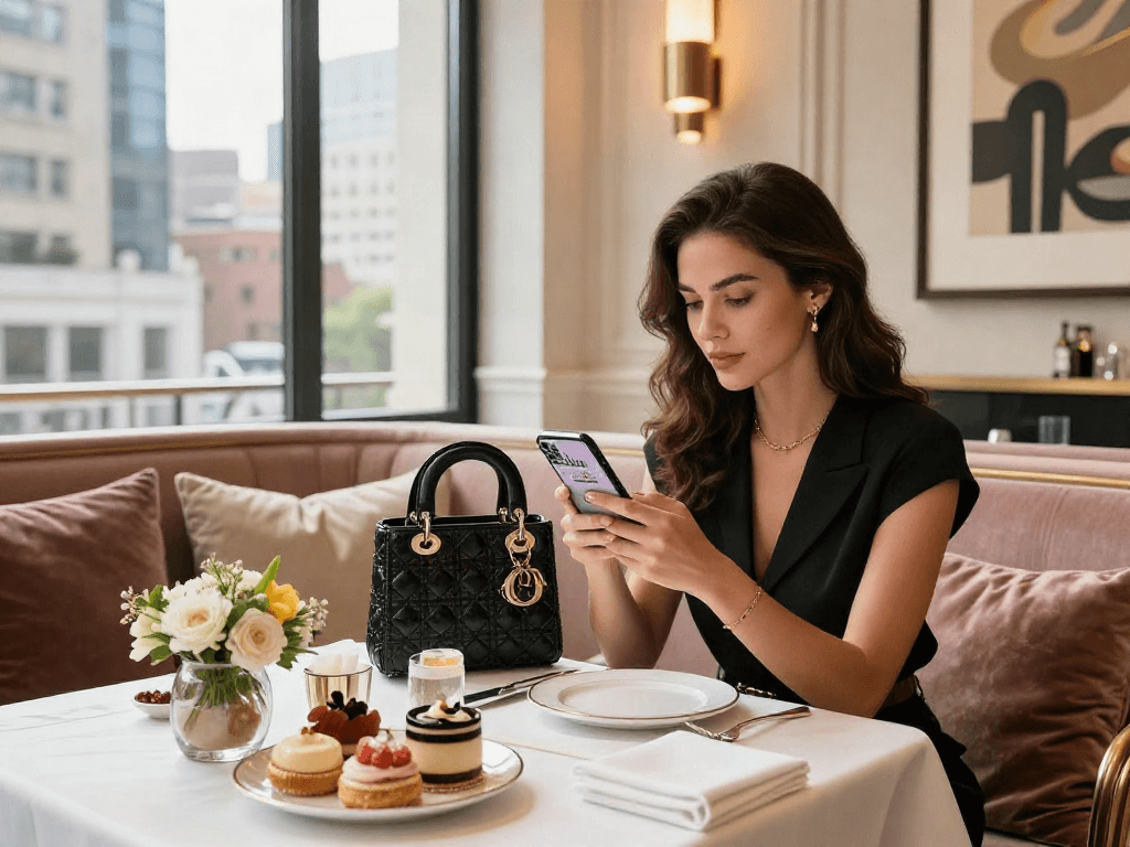 Gaya hidup mewah di kafe elegan dengan LUXURY111 di ponsel