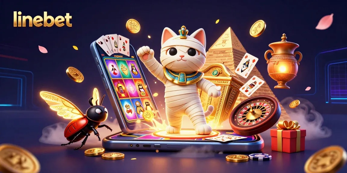 Experience thrilling gaming action at linebet with an Egyptian mummy cat and a scarab beetle amidst vibrant casino elements.