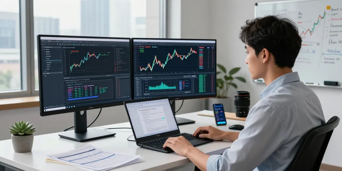 Dynamic workspace showcasing forex high frequency tick API development with live data screens and coding.