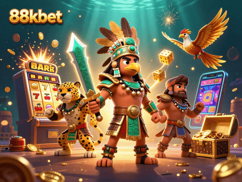Experience thrilling jackpots and adventure with 88kbet in a dynamic casino illustration.