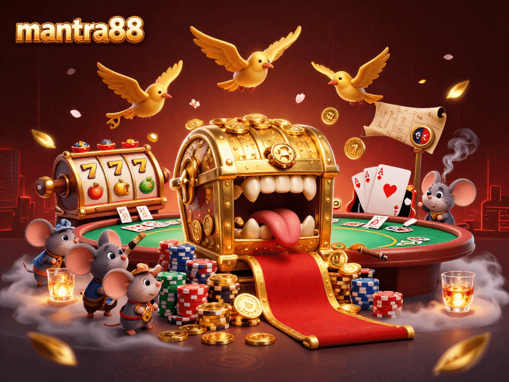 Engage in thrilling jackpots at mantra88 with a vibrant scene of adventurous mice and golden treasures.