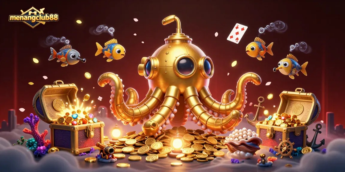 Engage in winning strategies at menangclub88 with a vibrant, 3D cartoon illustration of an underwater casino adventure.
