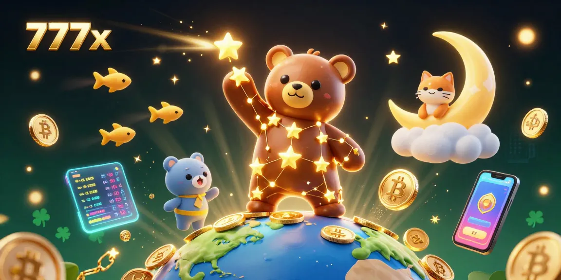 Experience the fun of 777x casino with vibrant characters scooping coins and crypto elements.