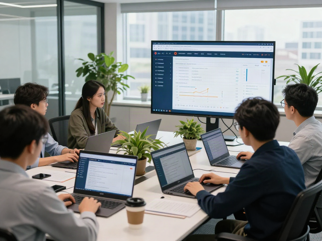 Team working on 먹튀스팟 검증사이트 verification in a bright modern office.