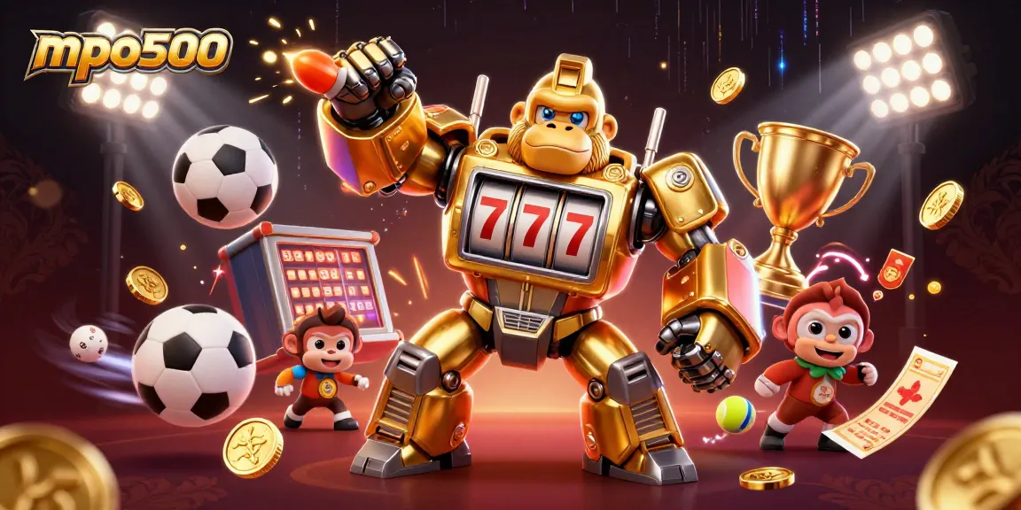 Engage with mpo500 gaming strategies featuring a vibrant 3D gorilla mech and sports elements.
