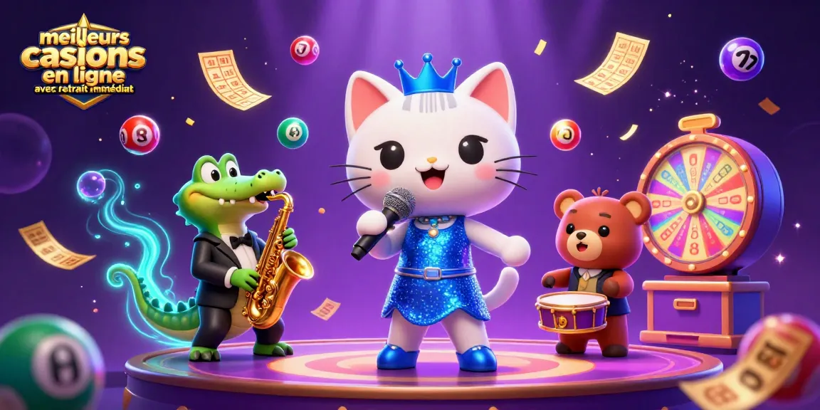Visualisez les meilleurs casinos en ligne avec retrait immédiat, avec une scène festive animée et des personnages de jeux.