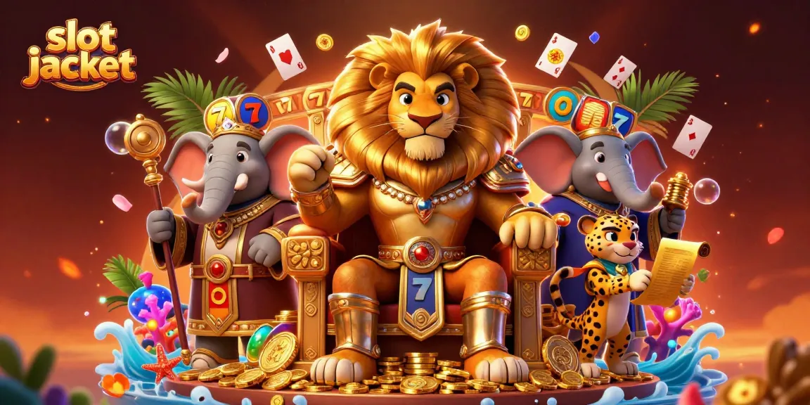 Mengaktifkan permainan slot jackpot dengan singa raja, gajah bijaksana, dan cheetah cepat yang dikelilingi elemen berharga