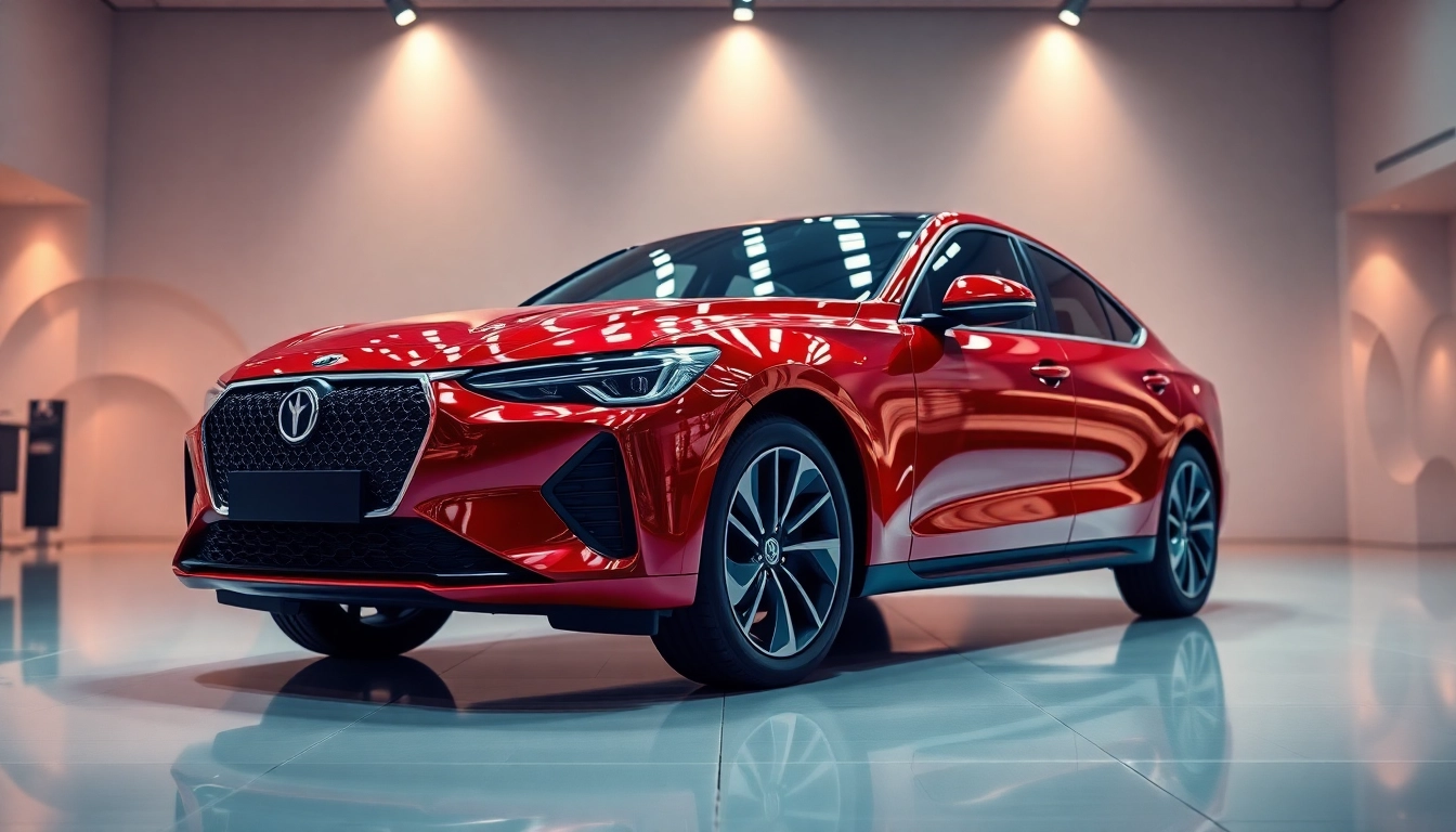Buy New Car featuring a sleek design in an elegant showroom setting.