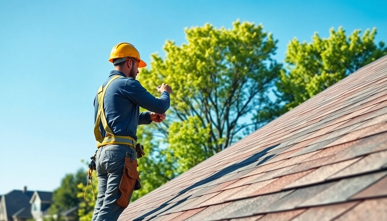 Engaging visual of Twinsburg OH roof repairs showing a professional inspecting a roof.