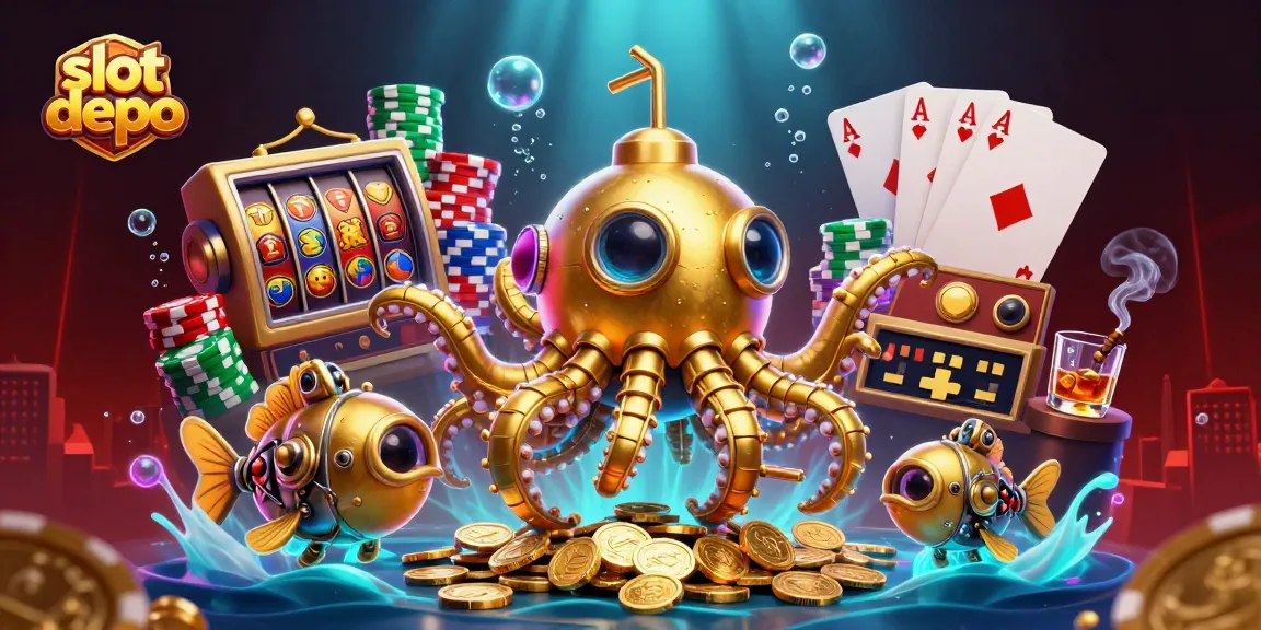 Slot depo menampilkan ilustrasi kapal kraken dan emas, simbol slot, serta tumpukan chip poker yang menakjubkan.