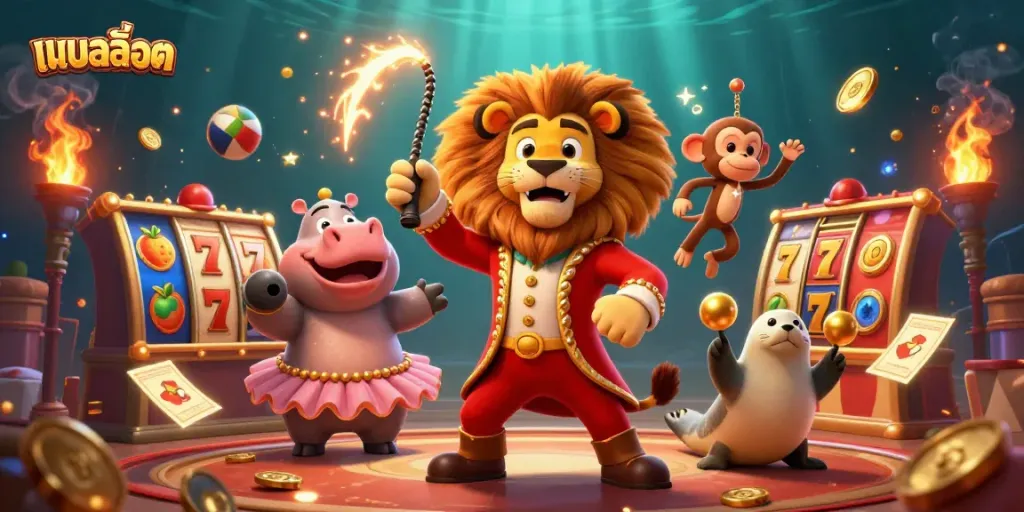 Experience the excitement of แบบสล็อต with dynamic characters and slot game elements in a vibrant casino scene.