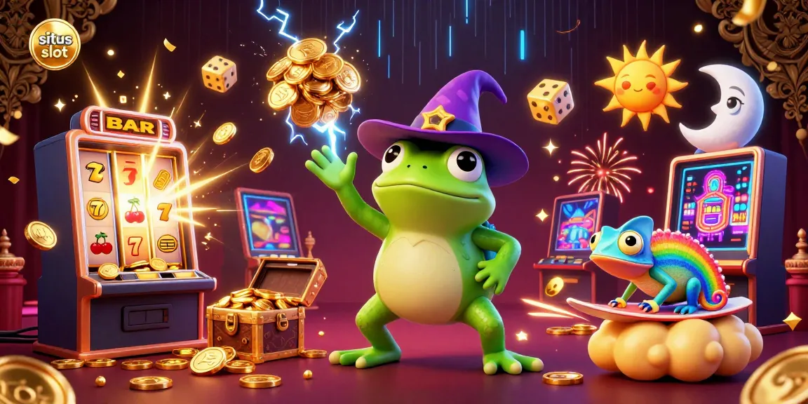Situs slot showcasing a wizard frog and chameleon amidst rich casino elements and jackpots.