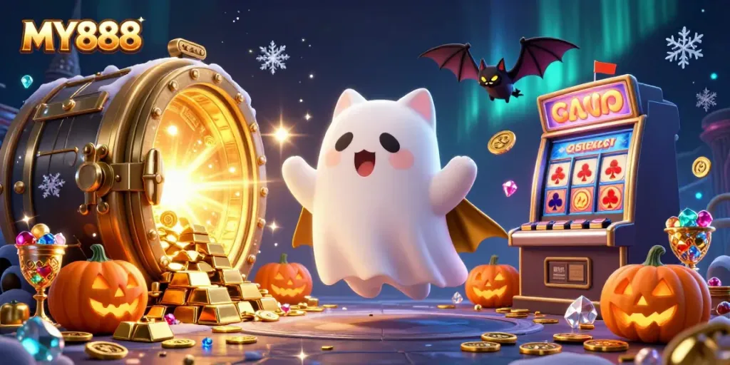 Experience the thrilling MY888 casino atmosphere with a glowing ghost cat, vampire bat, and jack-o-lanterns.