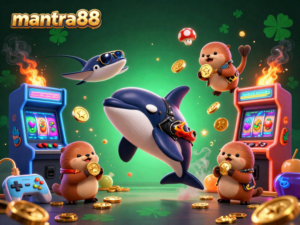 Experience thrilling action with mantra88 as a biker orca, stingray, and otters join the fun in a vibrant casino scene.