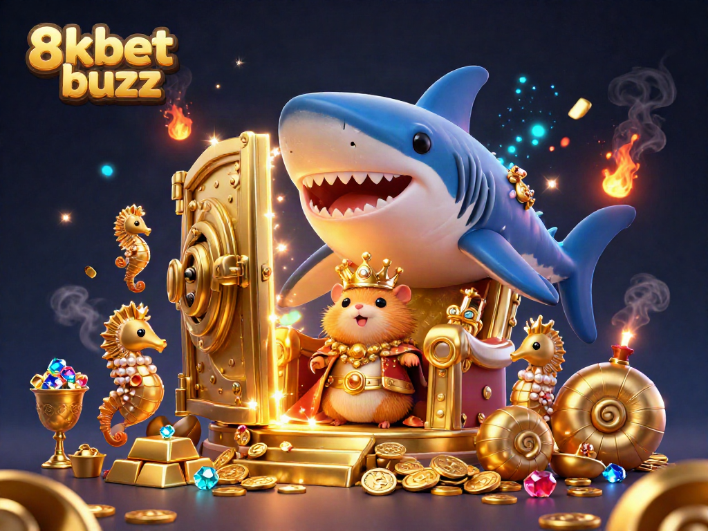 Experience the magical world of 8kbet buzz with a vibrant 3D casino scene featuring golden treasures and animated characters.