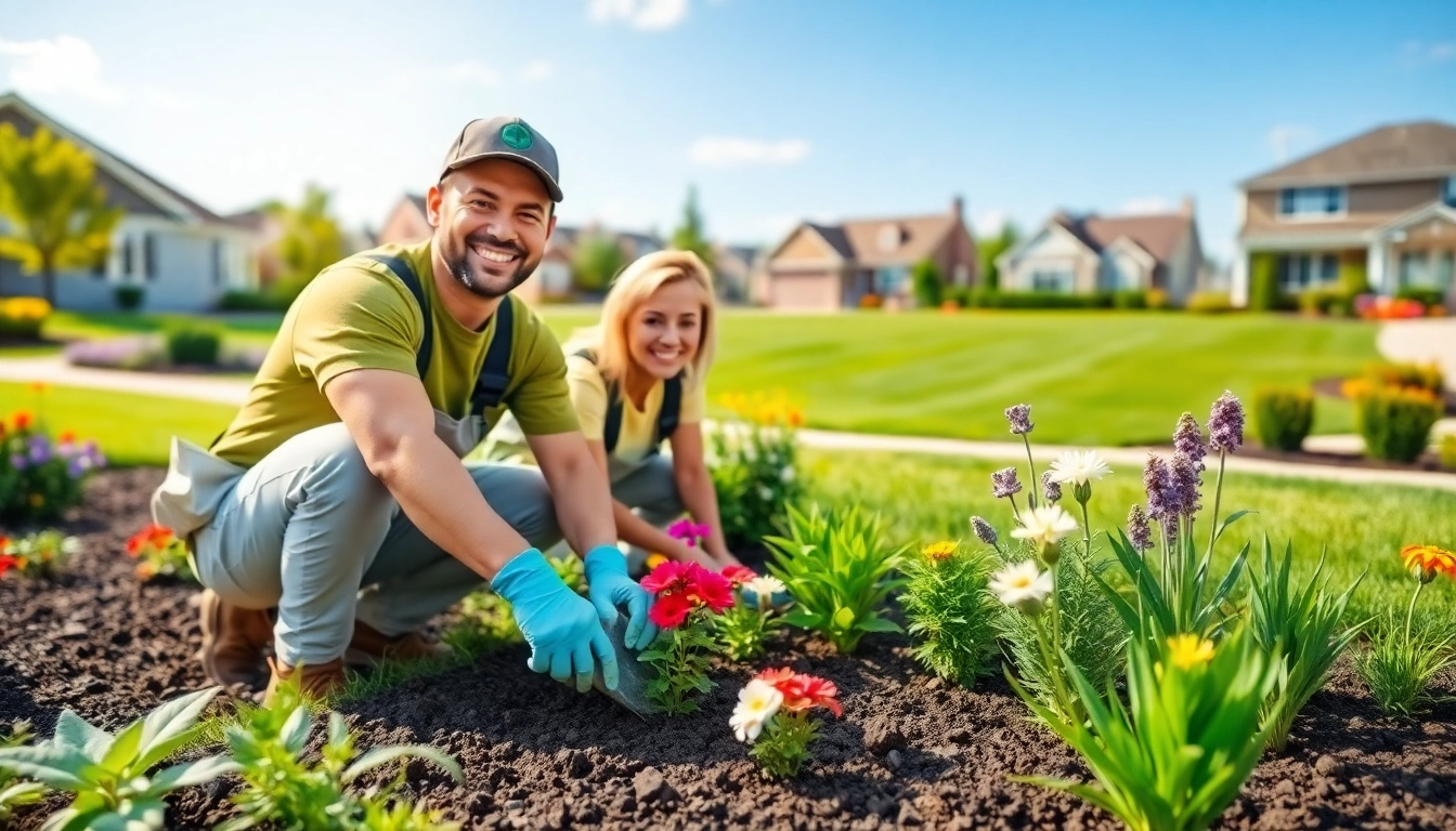 Landscapers near me creating a beautiful garden with teamwork and vibrant flowers.