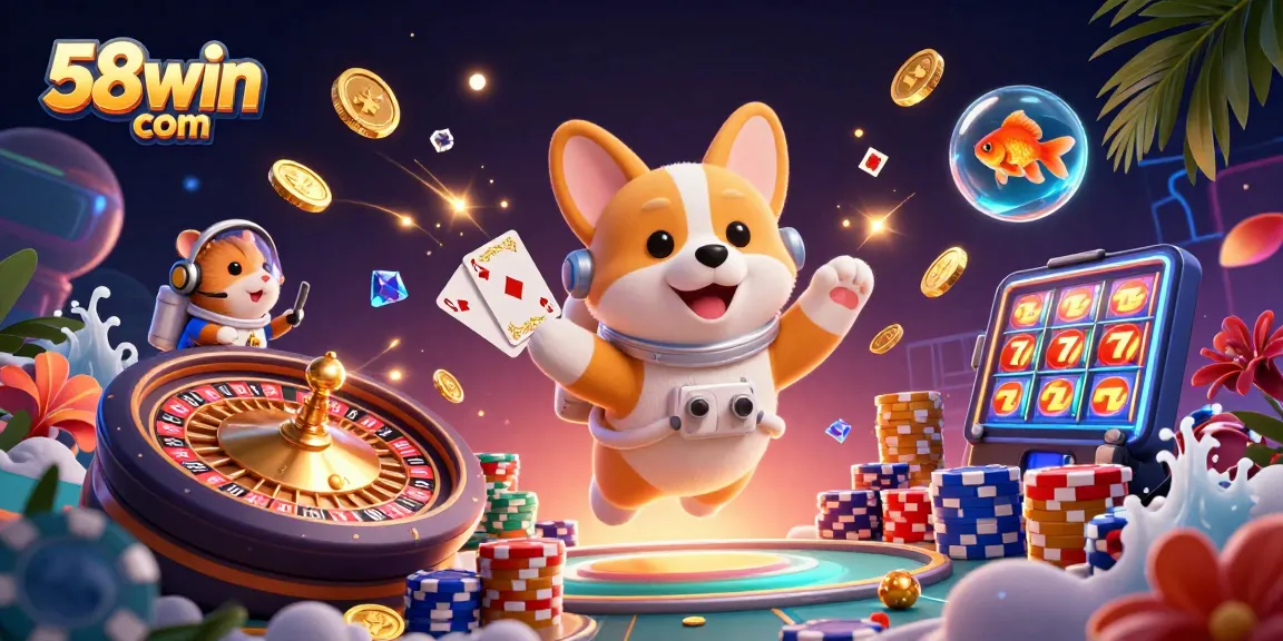 Join the fun at 58win com's casino space adventure with floating coins and vibrant gaming elements.