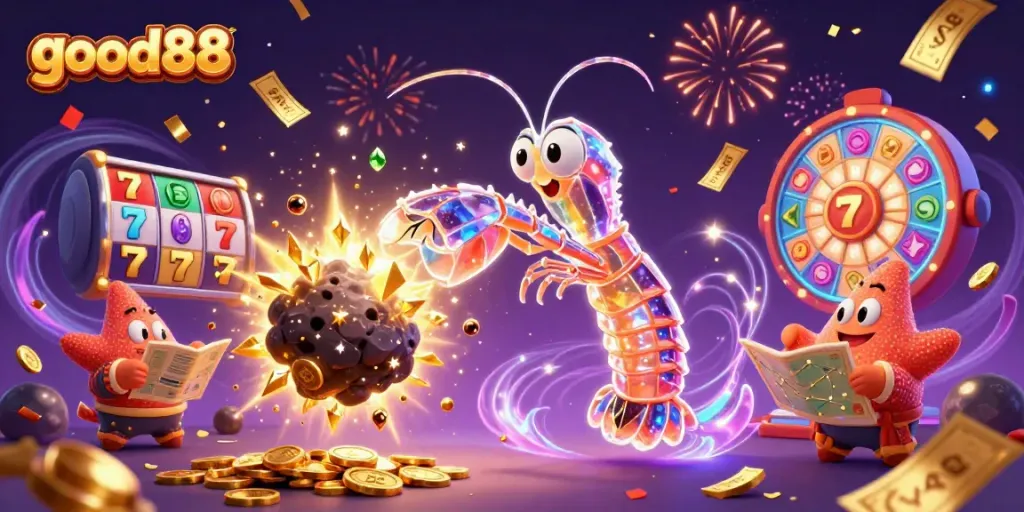 Experience the excitement of good88 with vibrant slot games and a galactic hero in action.