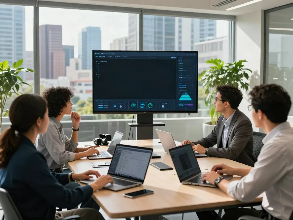 Deepfake-protected meetings in a corporate conference room with diverse professionals collaborating.