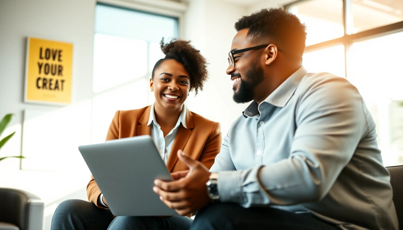 Engaging Career Coaching session with a professional coach and client in a bright, modern office.