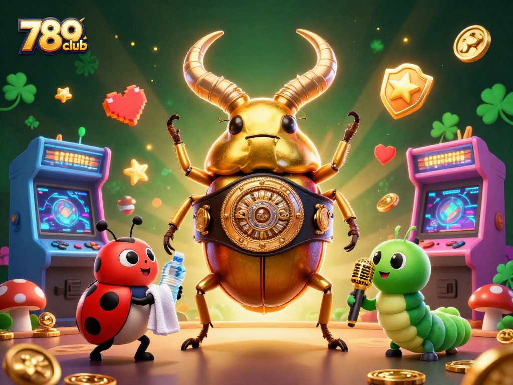 Engage with the vibrant 789club experience through an exciting 3D illustration of a golden stag beetle in a boxing ring.