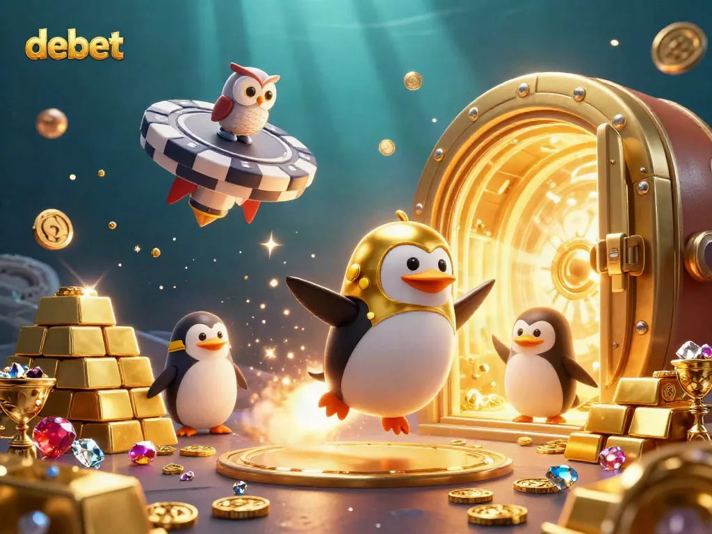 Bet big at Debet with a vibrant casino scene featuring a golden penguin rocket and treasure!
