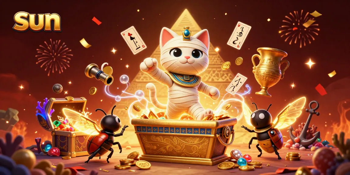 Experience thrilling slots with the sun-themed Egyptian mummy cat in a vibrant casino scene.