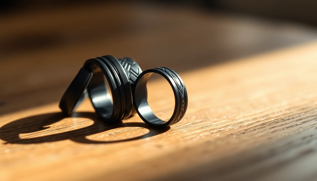 Showcase dark mens wedding bands with unique textures and elegant designs.