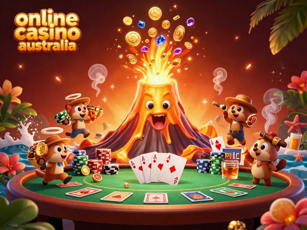 Experience the excitement of online casino Australia with coins and treasures flying around a dynamic volcano scene.