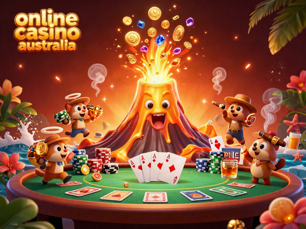 Experience the excitement of online casino Australia with coins and treasures flying around a dynamic volcano scene.