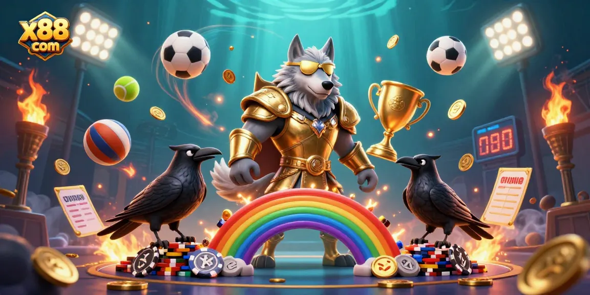 x88 com showcases thrilling casino action in a vibrant 3D illustration featuring Odin and sports elements.
