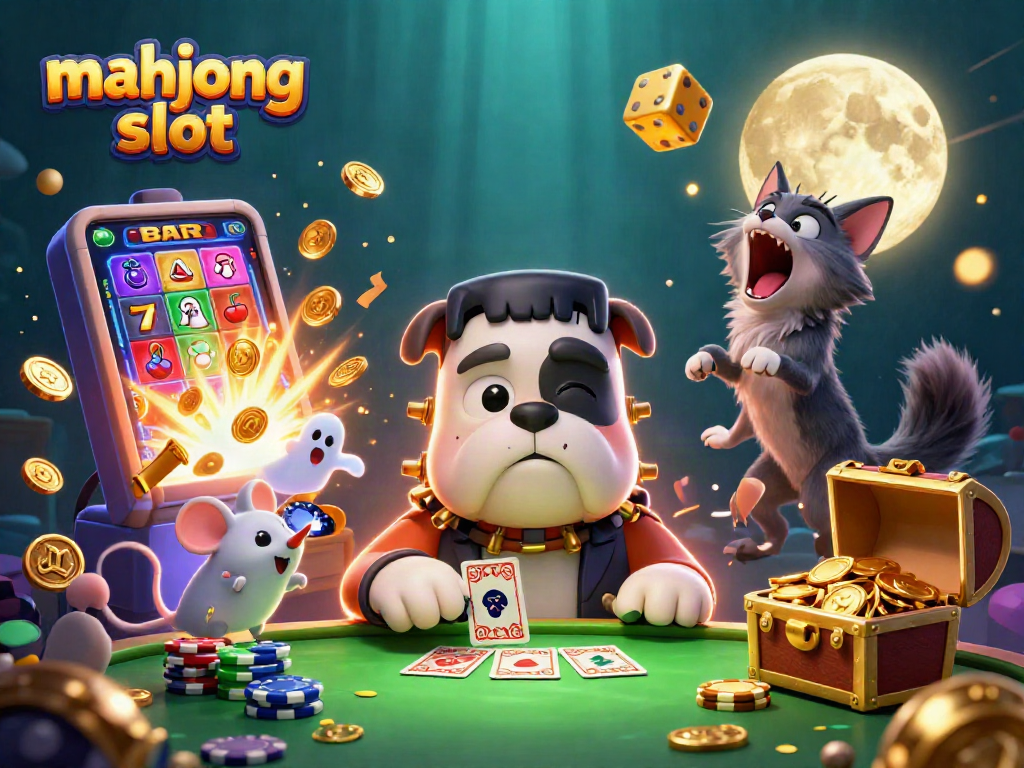 Engage with mahjong slot excitement featuring a spooky casino scene with unique characters and dynamic game elements.