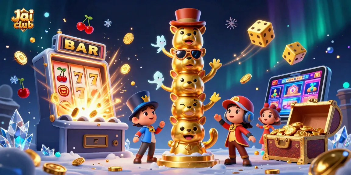Engage with Jai club's thrilling 3D gaming world featuring a totem pole amidst slot machines and treasure.