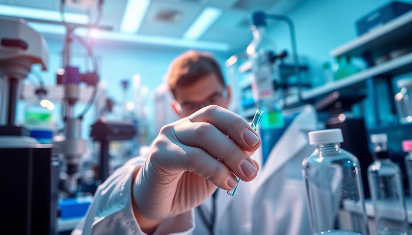 Buy peptide through advanced laboratory research with scientists analyzing samples.