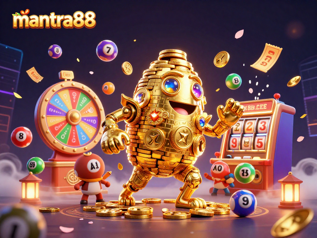 Experience mantra88's dynamic gaming excitement with a golden golem amidst thrilling casino elements.