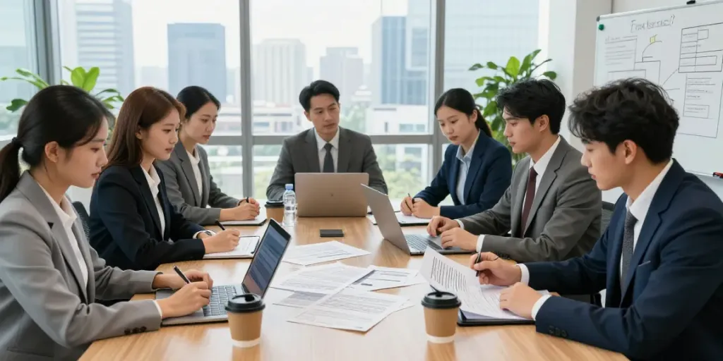Lead Roedl team collaborating on legal contracts in modern office
