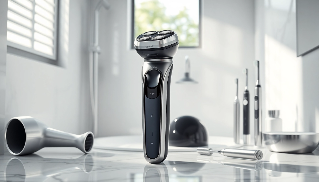 Showcase Laifentech's electric shaver set stylishly on a marble counter, highlighting modern grooming.