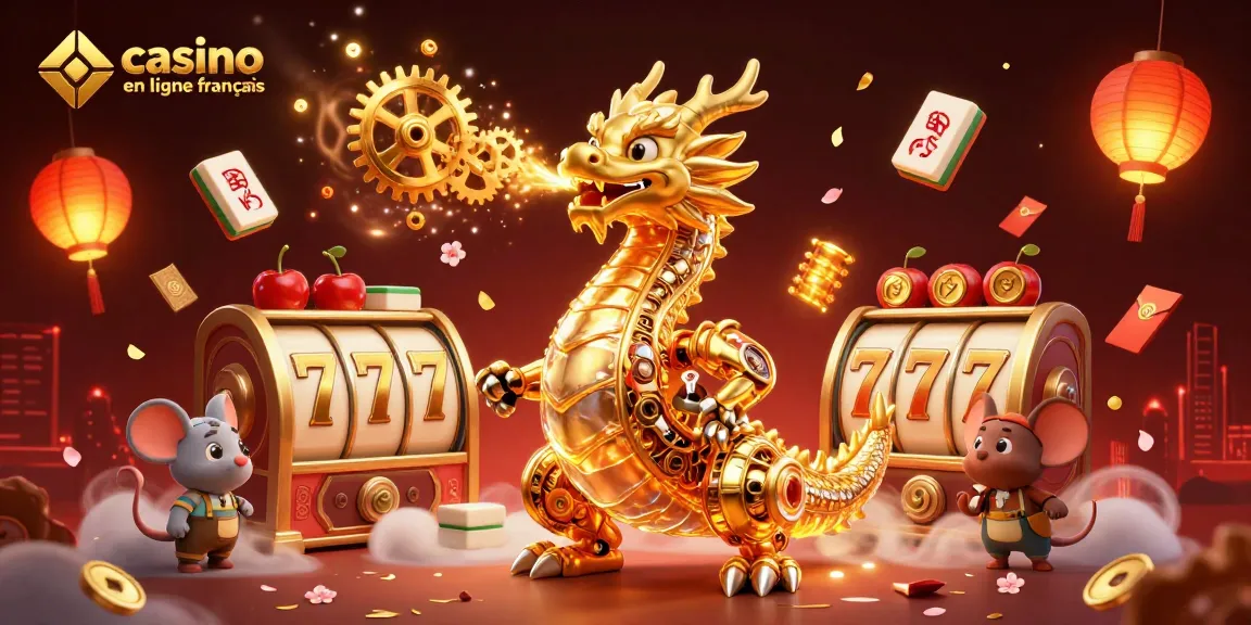 Visitez les casinos en ligne français avec cette illustration captivante, dragon mécanique doré et éléments de jeu.
