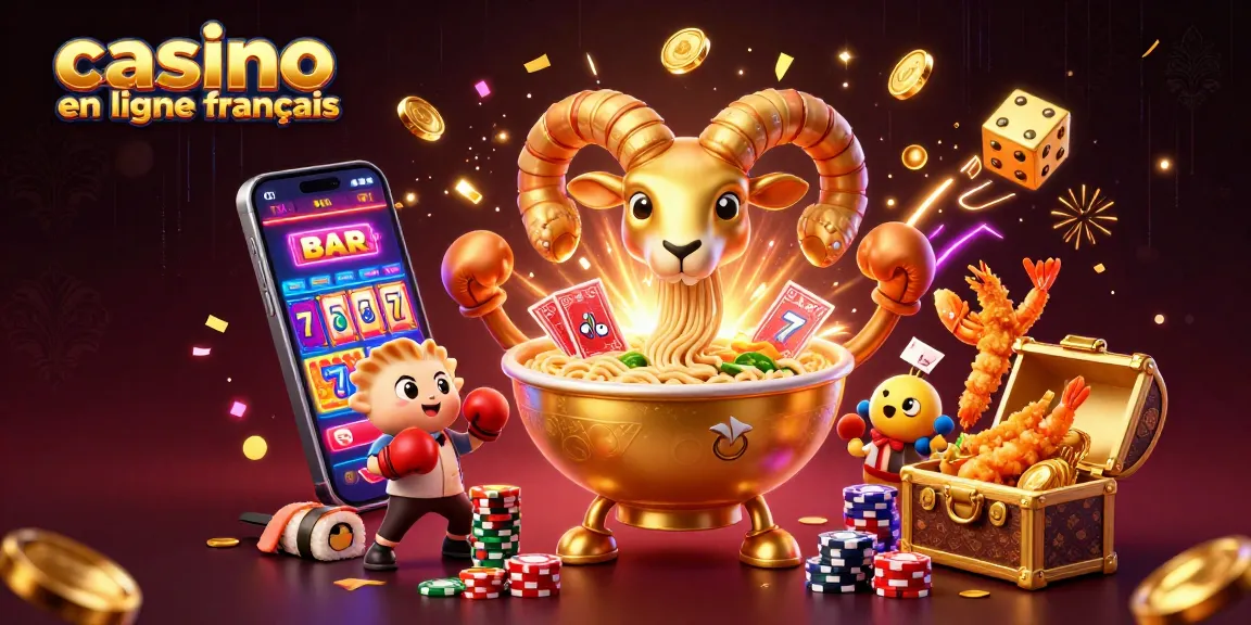 Illustration animée 3D représentant un casino en ligne français avec un bol de ramen géant et des éléments de jeu alléchants.