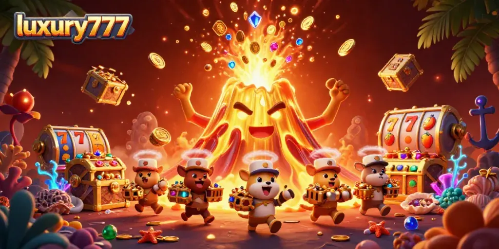 Experience the thrill of luxury777 with a triumphant volcano pouring treasure in vivid detail.