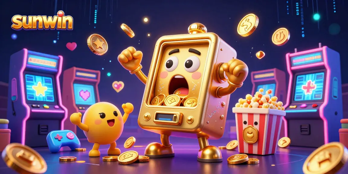 Sunwin showcases a golden slot machine hitting a jackpot, surrounded by gaming elements.