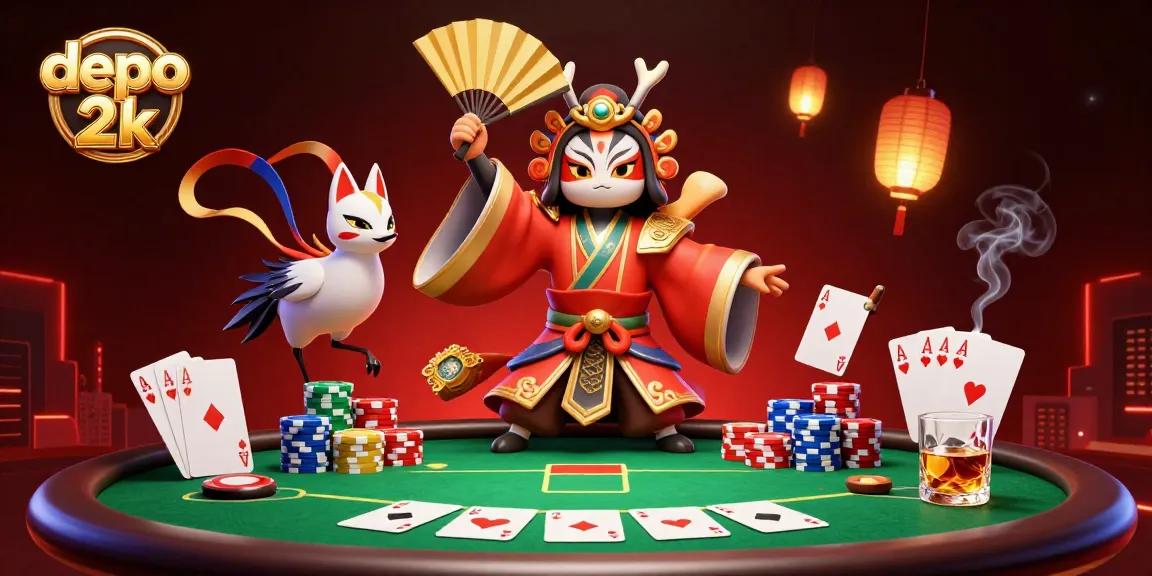 Menang besar dengan depo 2k permainan kasino, suasana poker megah dengan karakter unik.