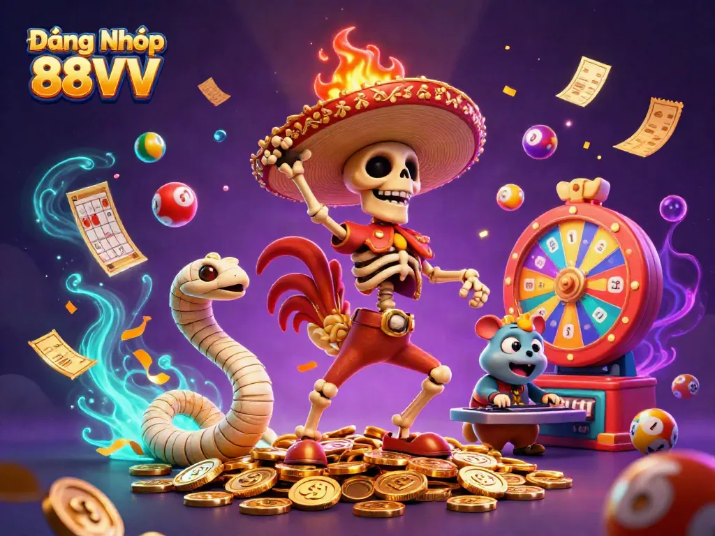 Experience thrilling games at Đăng Nhập 88VV, featuring dynamic characters and vibrant elements of a casino scene.