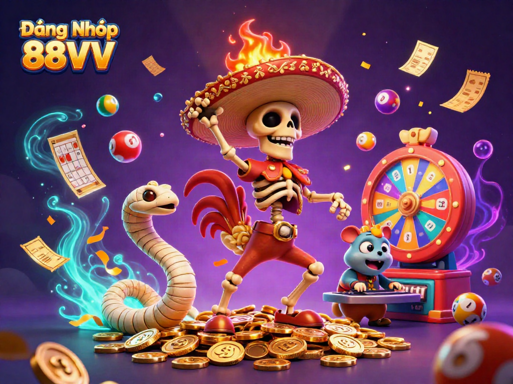 Experience thrilling games at Đăng Nhập 88VV, featuring dynamic characters and vibrant elements of a casino scene.
