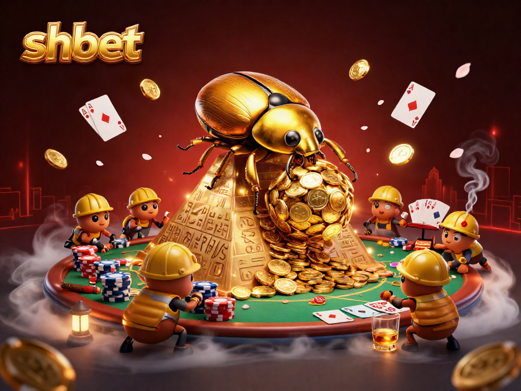 Experience the excitement of shbet as a golden beetle rolls a coin ball up a pyramid with vibrant casino elements