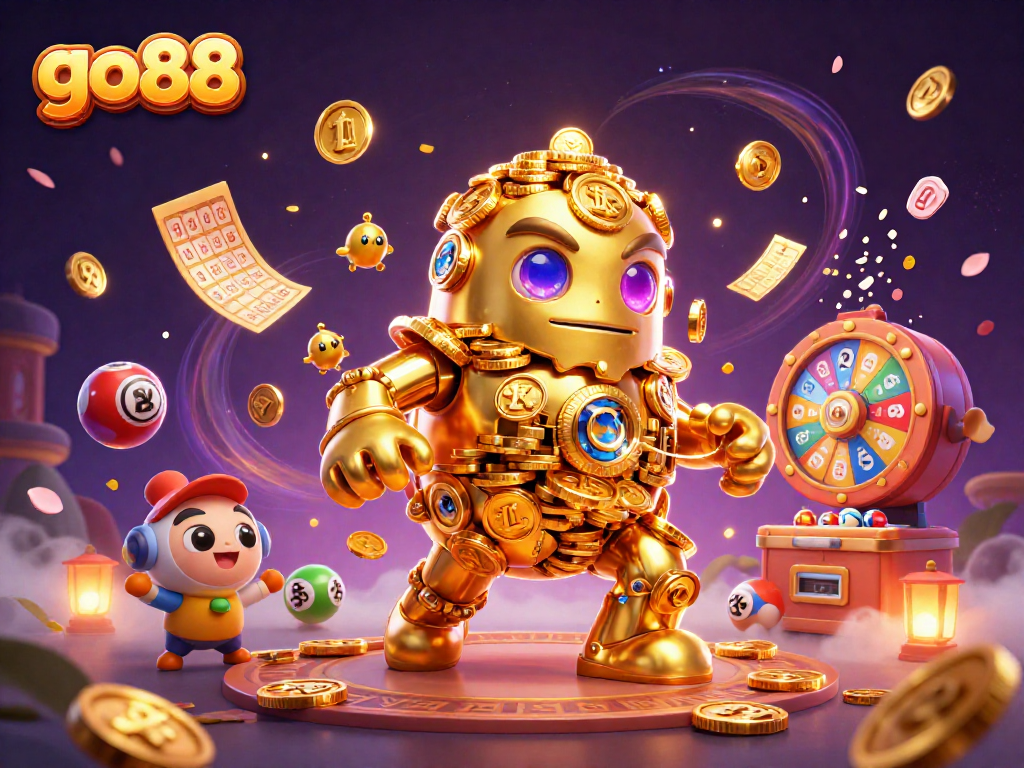 Experience the excitement of go 88 with colorful lottery elements and dynamic golden characters.