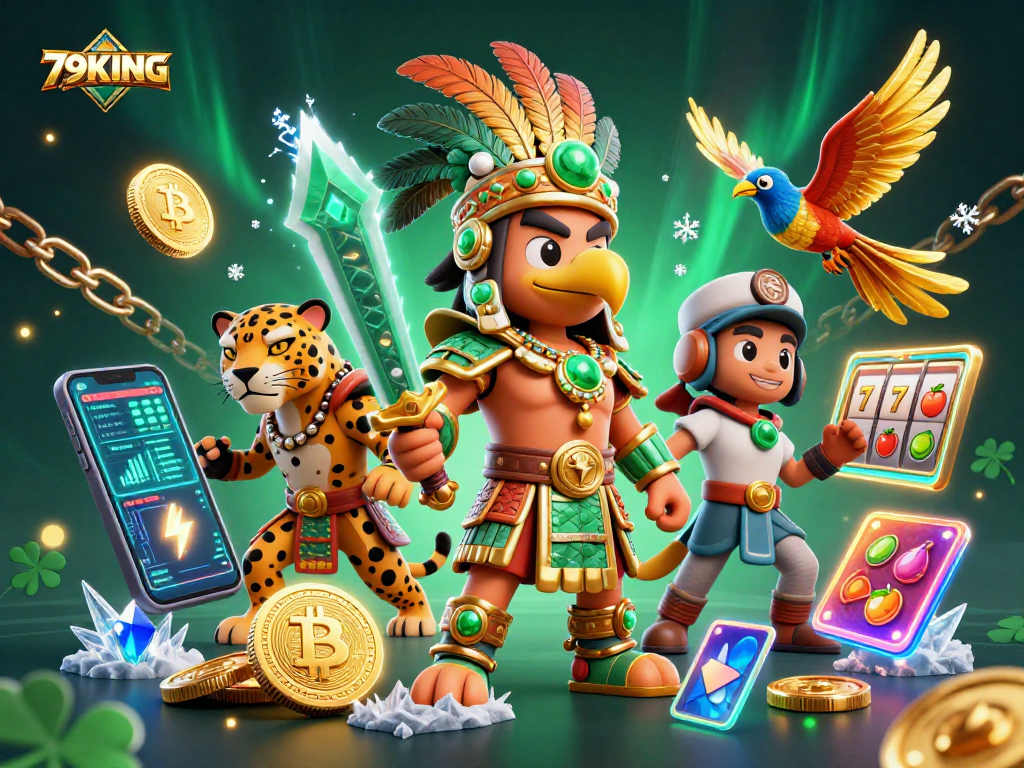 Engage in dynamic gaming with 79KING amidst vibrant Aztec warriors and crypto elements.