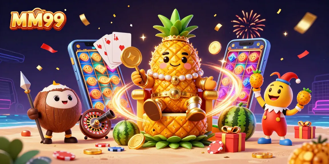 Experience the vibrant MM99 casino world with golden pineapple king and engaging elements in a dynamic scene.